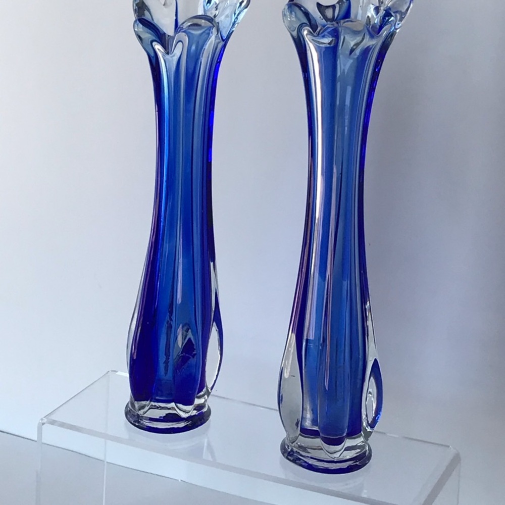 Vintage Tilso Set of 2 Cobalt Blue & Clear Glass Swung Art MCM Vase 9.5" Tall